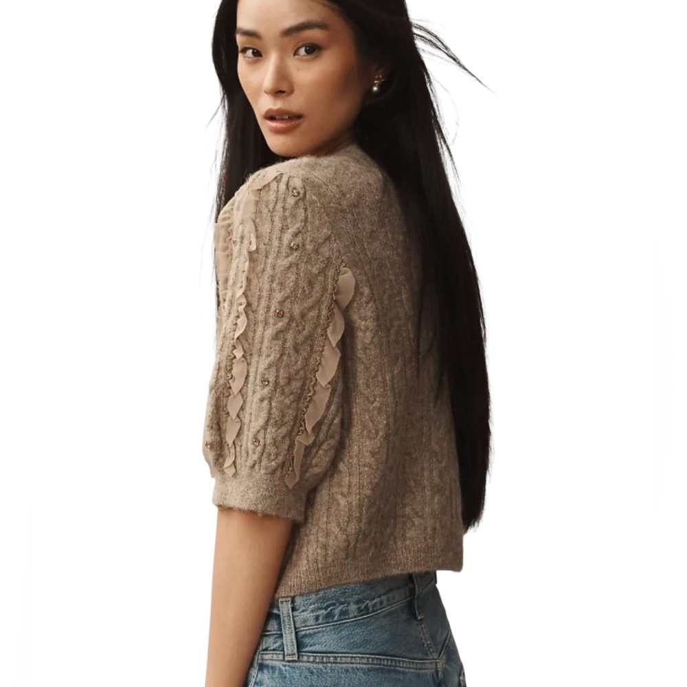 Maeve Short-Sleeve Embellished Ruffled
Cardigan Sweater in Taupe Sz M & L & XL - Picture 2 of 8